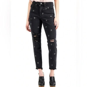 Tinseltown Black Embroidered Butterfly High Waisted Distressed Mom Jeans Size 7